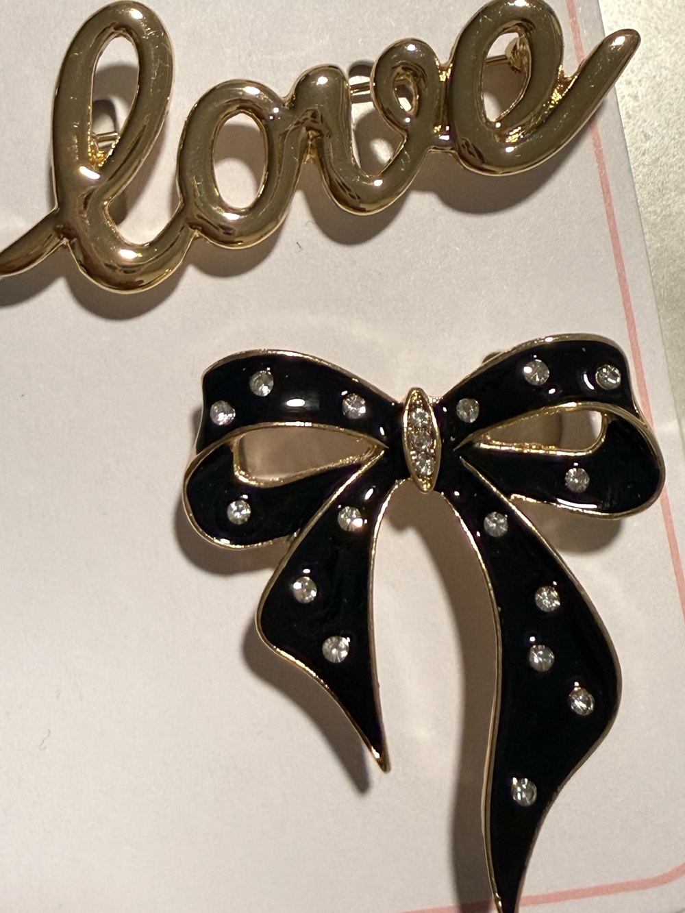 Urban Outfitters Gold 'Love' Script Pin with Black Bow Pin Set